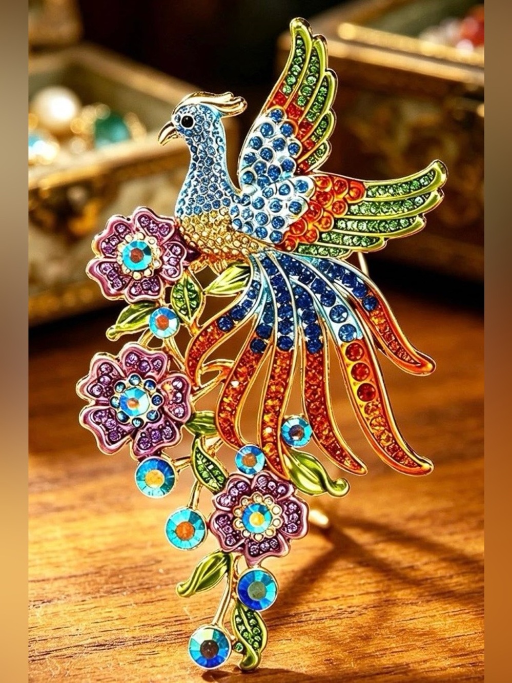 Multicolor Crystal Peacock Phoenix Brooch - Vibrant Feathered Pin